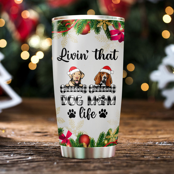 Personalized Tumbler For Dog Lover Pawprints Buffalo Red Plaid Santa's Hat Custom Name Travel Cup Gifts For Christmas