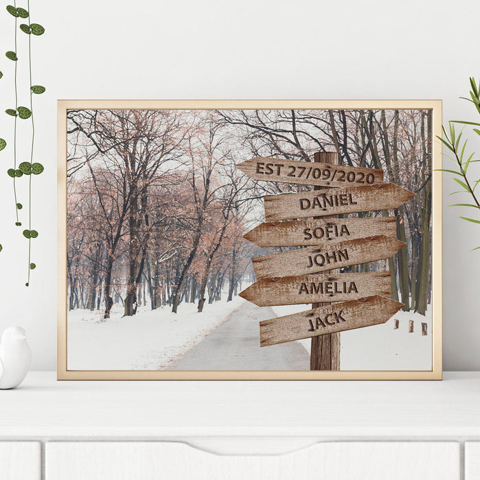 Personalized Wall Art Canvas For Family Snow Winter Road Vintage Street Sign Poster Custom Multi Name & Date