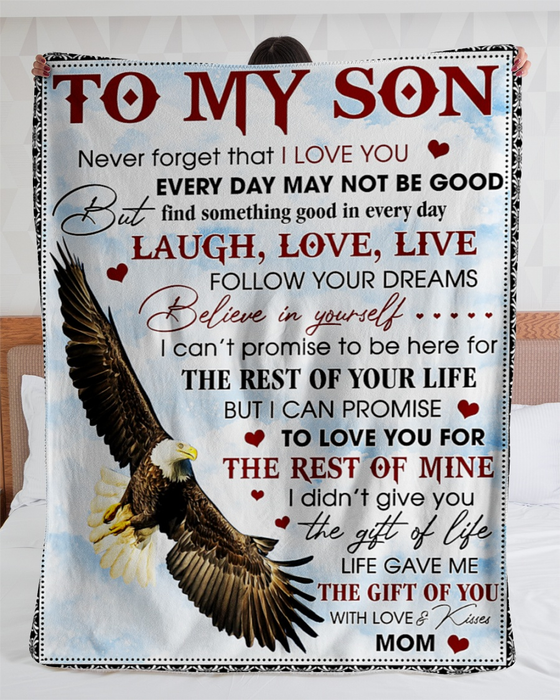 Personalized Throw Blanket To My Son From Mom Eagle Flying Blue Sky Design Prints Custom Name Fleece Blankets