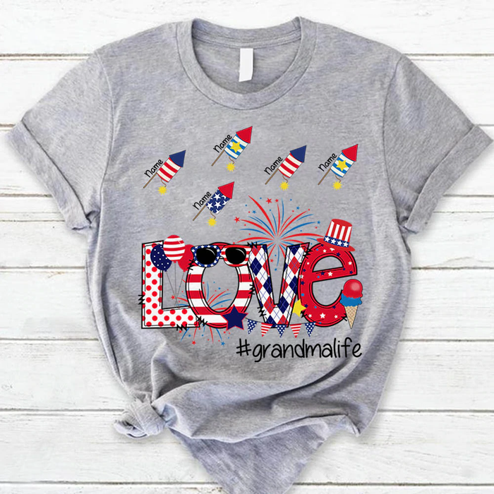 Personalized T-Shirt For Grandma Love Firecrackers Print USA Flag Design Custom Grandkids Name 4th July Day Shirt