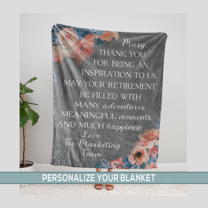 Personalized Retirement Blanket For Colleague Thanks For Being An Inspiration Floral Custom Name Gifts For Men Women