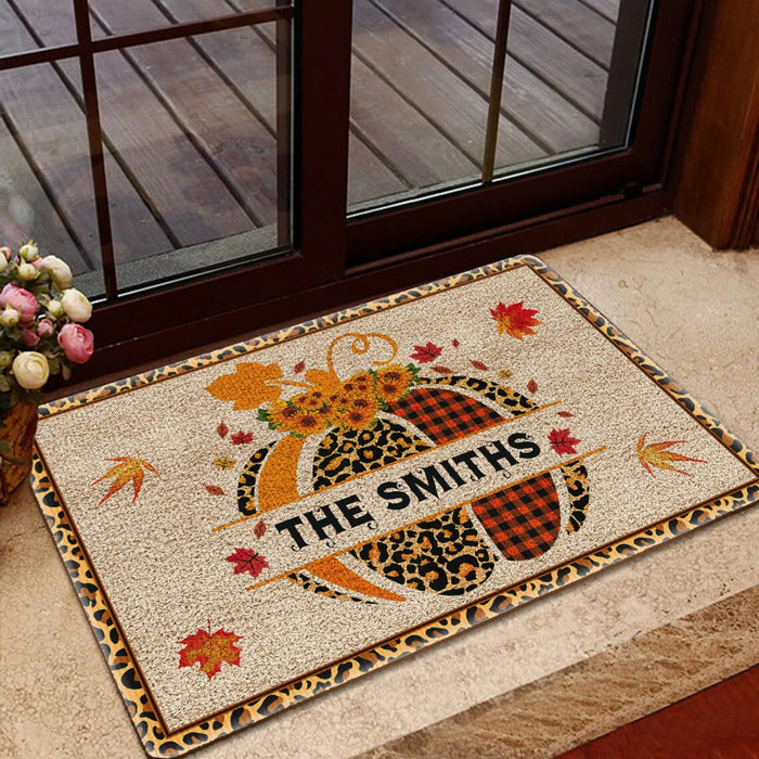 Personalized Welcome Doormat For Fall Lovers Split Monogram Pumpkin Printed Plaid Leopard Design Custom Family Name