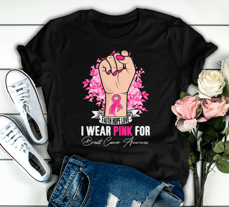 Breast Cancer Awareness T-Shirt For Girl Women Raising Hand I Wear Pink Shirt For Cancer Support Inspirational Gifts