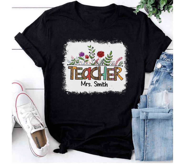 Personalized T-Shirt For Teacher Mrs. Smith Colorful Leopard With Flower Design Custom Name Back To School Outfit