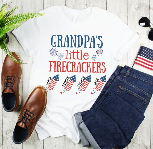 Personalized T-Shirt Grandpa's Little Firecrackers USA Flag Design Custom Grandkids Name 4th Of July Day Shirt