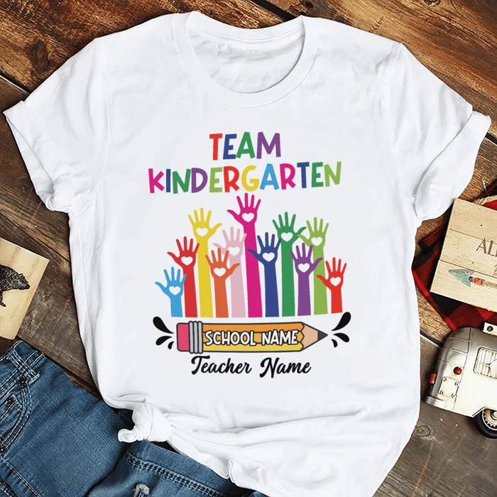 Personalized T-Shirt For Teacher Colorful Raised Hand Design Pencil Print Custom Name Back To School Outfit