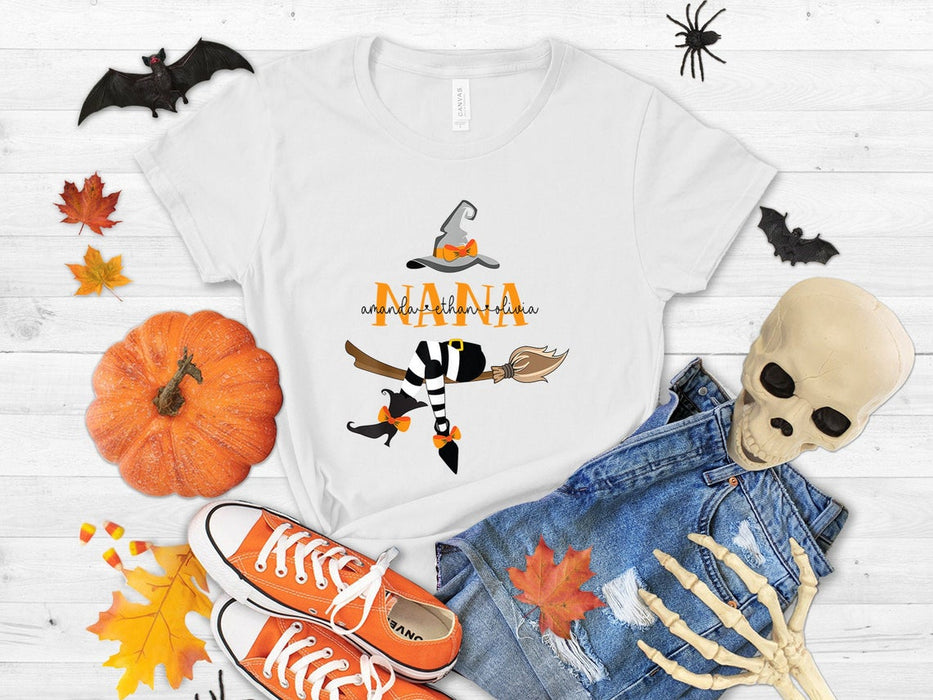 Personalized T-Shirt For Grandma Nana Witch With Hat And Broom Printed Custom Grandkids Name Shirt For Halloween