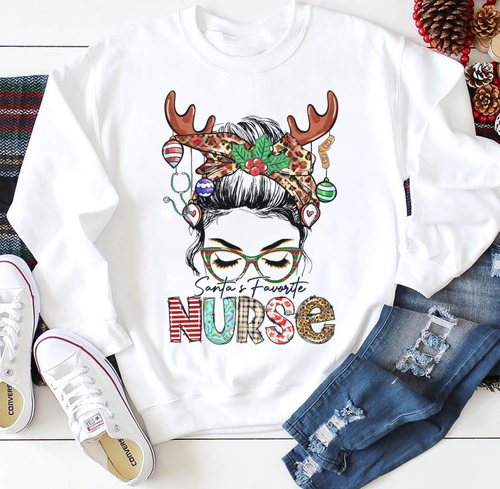 Classic Sweatshirt & Hoodie For Nurse Santa's Favorite Nurse Messy Bun Hair Leopard Red Buffalo Plaid Design