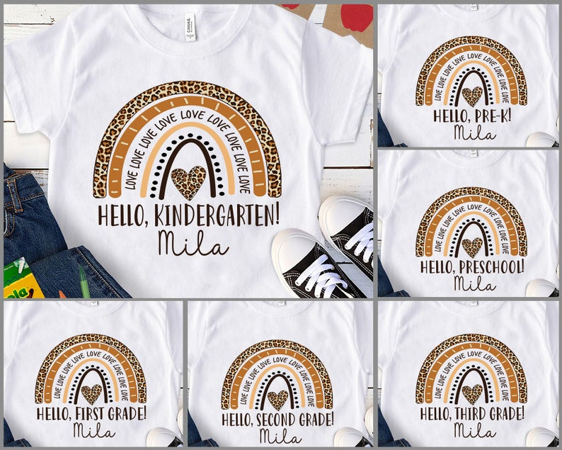 Personalized T-Shirt For Kids Back To School Hello Kindergarten Leopard Rainbow Heart Printed Custom Name