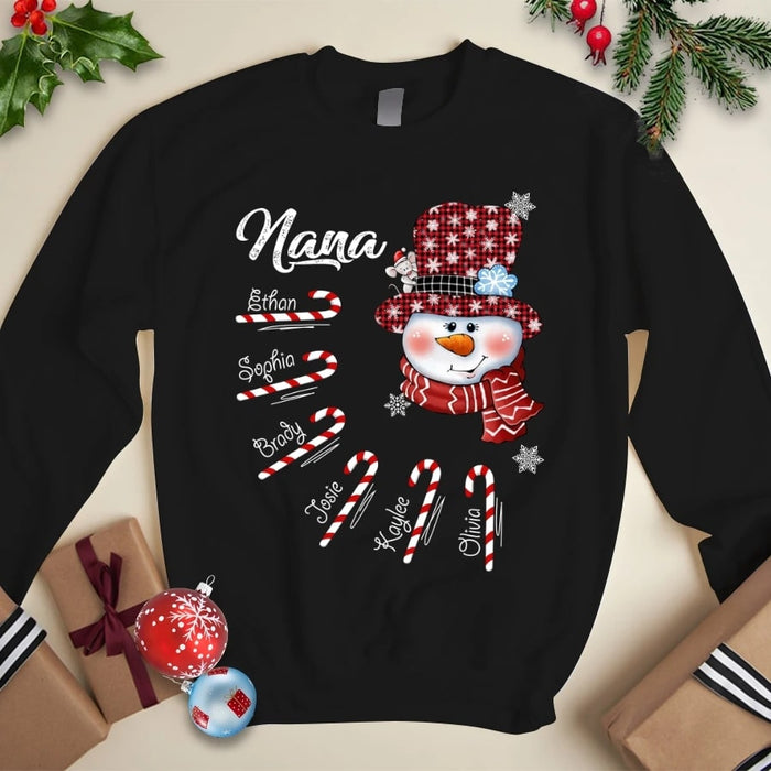 Personalized Sweatshirt For Grandma Nana Snowman Candy Cane Snowflake Printed Custom Grandkids Name