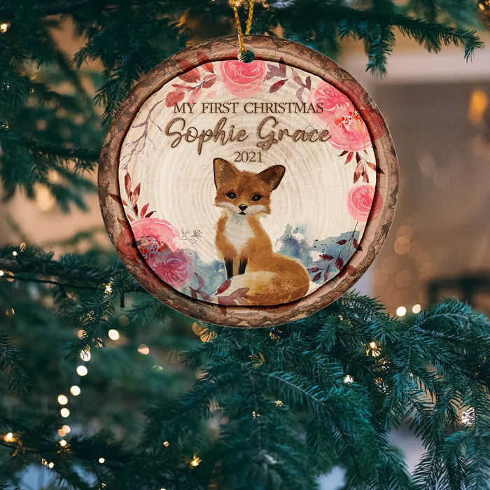 Personalized Circle Ornament For Baby Girl My First Christmas Custom Name & Year Woodland Cute Red Fox & Flower Printed