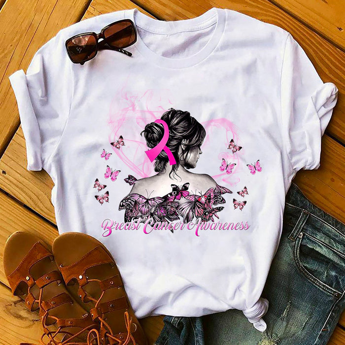 Classic T-Shirt For Breast Cancer Awareness Messy Bun Hair With Pink Ribbon & Butterfly Printed Shirt For Women