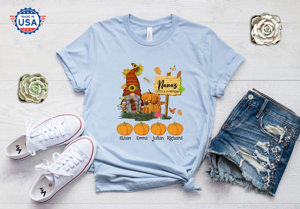 Personalized T-Shirt For Grandma Nana's Little Pumpkins Cute Gnome With Pumpkin Sunflower Printed Custom Grandkids Name