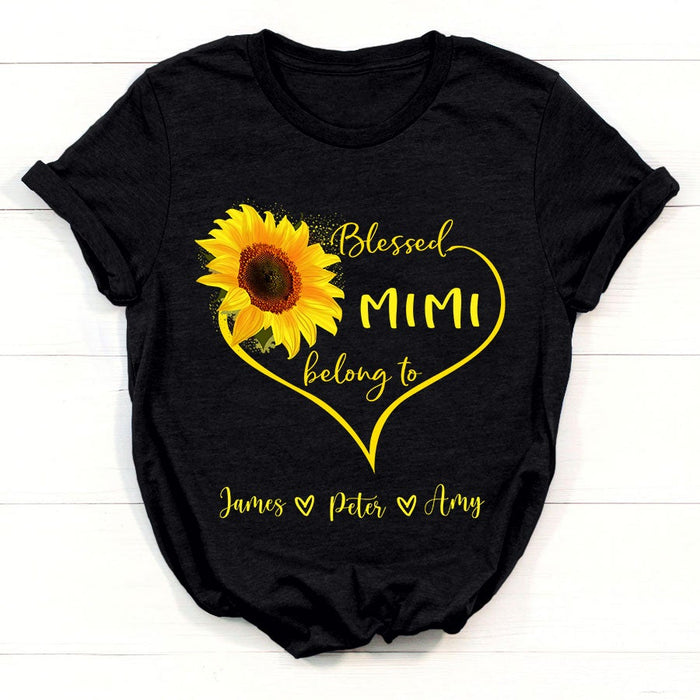 Personalized T-Shirt For Grandma Blessed Mimi Belong To Custom Grandkids Name Sunflower Heart Printed