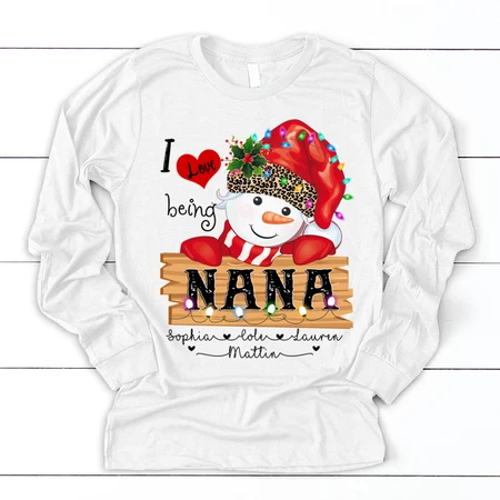 Personalized Long Sleeve Tee For Grandma I Love Being Nana Cute Snowman Printed Custom Grandkids Name