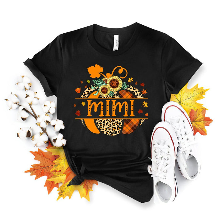 Personalized T-Shirt For Grandma Mimi Pumpkin Shirt Plaid Leopard Design With Sunflower And Leaves Above Fall Shirt