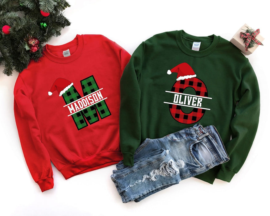 Personalized Matching Family Christmas Sweatshirt Buffalo Plaid Monogram Design Custom Name Holiday Couple Sweatshirt