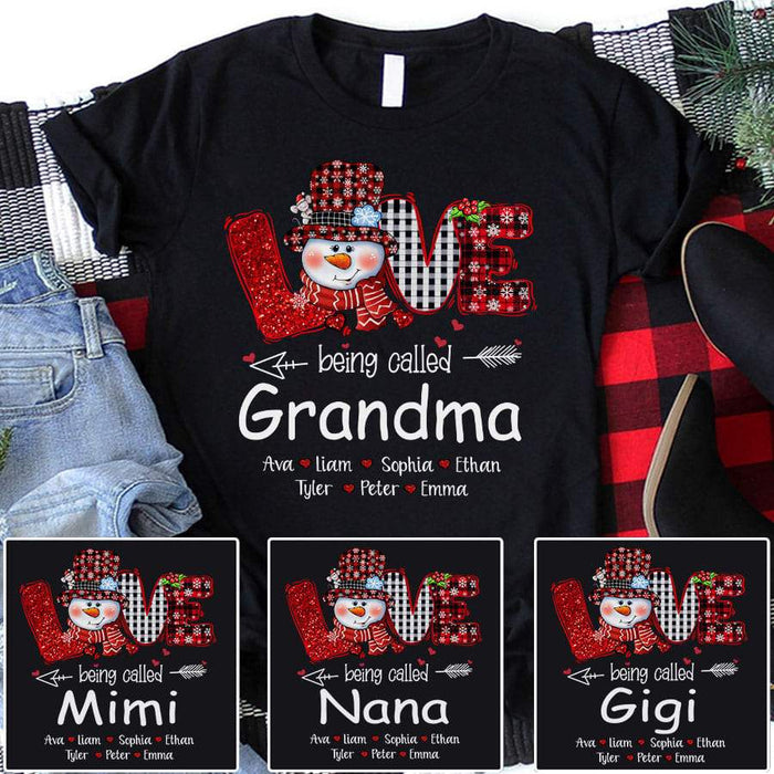 Personalized T-Shirt Love Being Called Grandma Cute Snowman Printed Red Buffalo Plaid Design Custom Grandkids Name