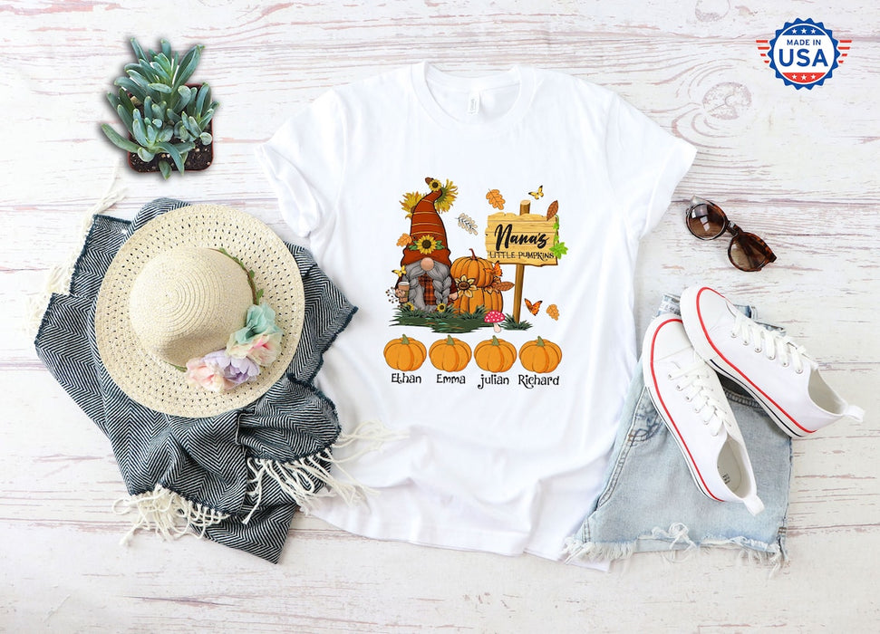 Personalized T-Shirt For Grandma Nana's Little Pumpkins Cute Gnome With Pumpkin Sunflower Printed Custom Grandkids Name