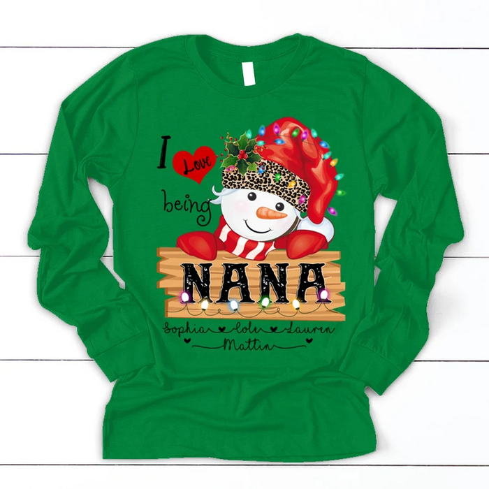Personalized Long Sleeve Tee For Grandma I Love Being Nana Cute Snowman Printed Custom Grandkids Name