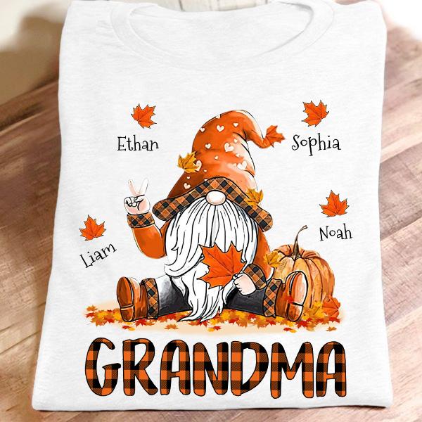 Personalized T-Shirt For Grandma Cute Gnome With Pumpkin And Maple Leaves Printed Custom Grandkid's Name Fall Shirt