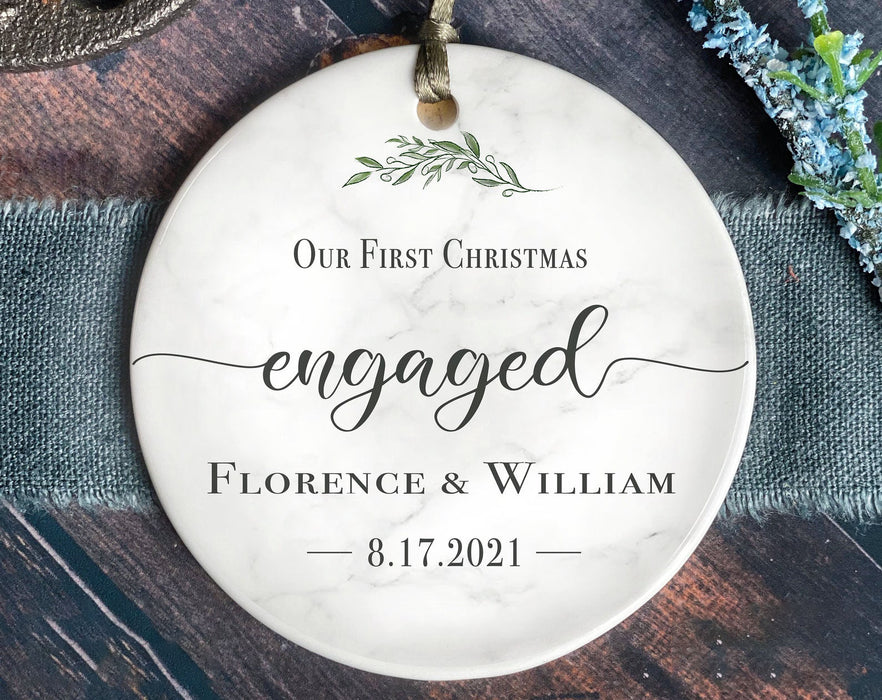 Personalized Our First Christmas Engaged Ornament For Newlyweds Husband Wife Custom Greenery Keepsake Ornament Decor