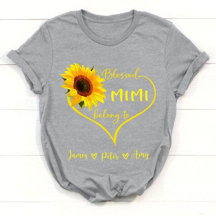 Personalized T-Shirt For Grandma Blessed Mimi Belong To Custom Grandkids Name Sunflower Heart Printed