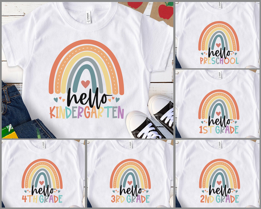Personalized T-Shirt For Kids Hello Kindergarten Boho Rainbow Heart Printed Custom Grade Level Back To School Outfit