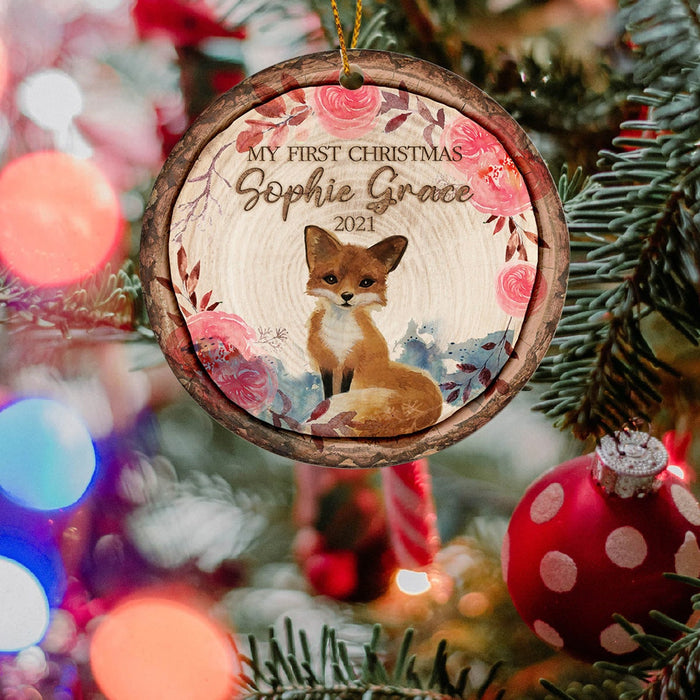 Personalized Circle Ornament For Baby Girl My First Christmas Custom Name & Year Woodland Cute Red Fox & Flower Printed