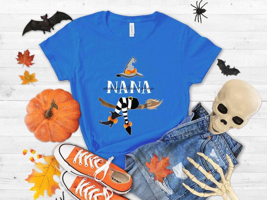 Personalized T-Shirt For Grandma Nana Witch With Hat And Broom Printed Custom Grandkids Name Shirt For Halloween