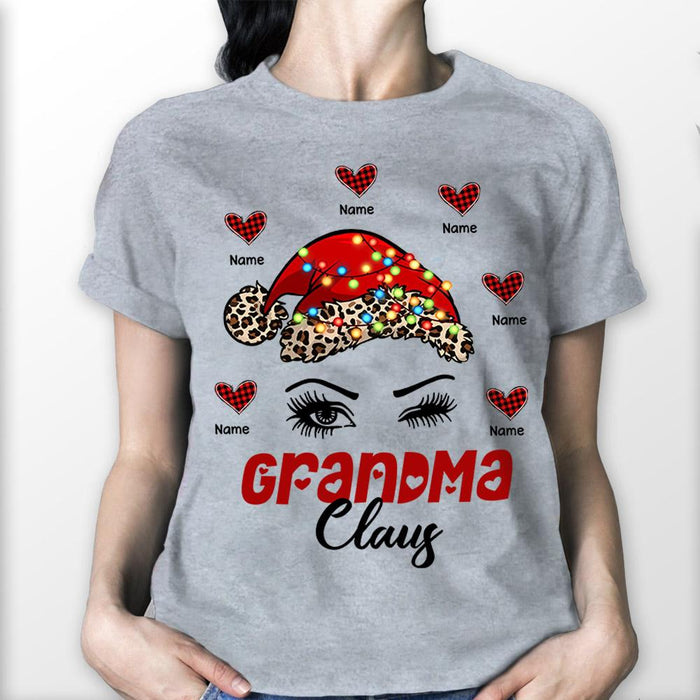 Personalized T-Shirt Grandma Claus Cute Santa Hat & Eyes Lash With Heart Printed Leopard Design Custom Grandkids Name