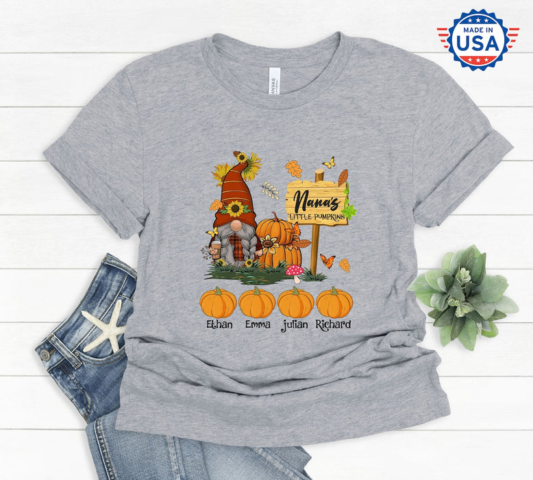 Personalized T-Shirt For Grandma Nana's Little Pumpkins Cute Gnome With Pumpkin Sunflower Printed Custom Grandkids Name