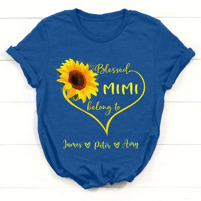 Personalized T-Shirt For Grandma Blessed Mimi Belong To Custom Grandkids Name Sunflower Heart Printed