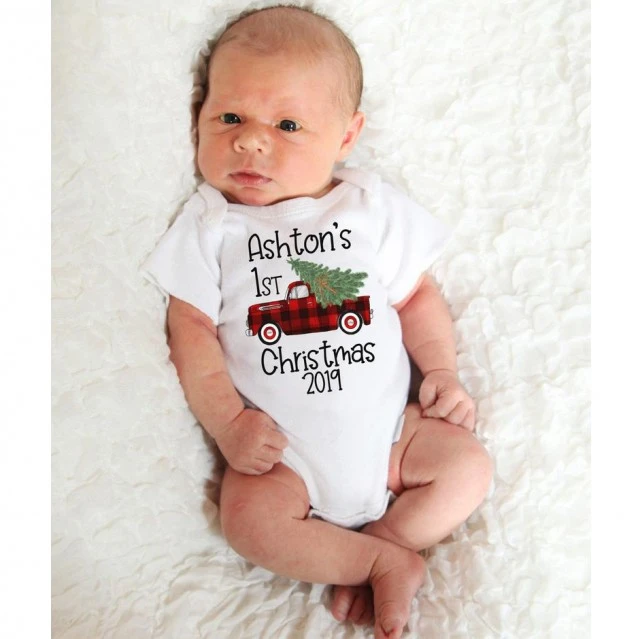 Personalized Onesie For Baby 1st Christmas Custom Name & Year Red Truck & Tree Printed Buffalo Plaid Design