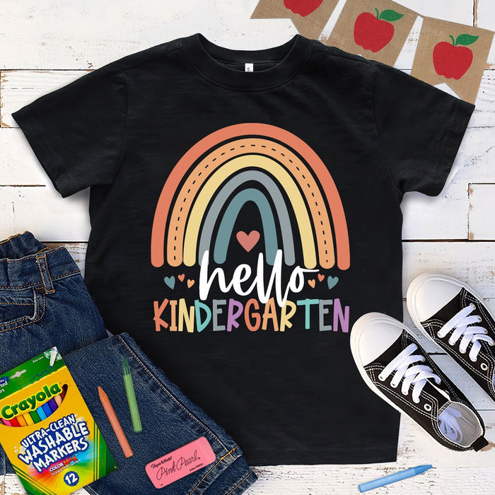 Personalized T-Shirt For Kids Hello Kindergarten Boho Rainbow Heart Printed Custom Grade Level Back To School Outfit
