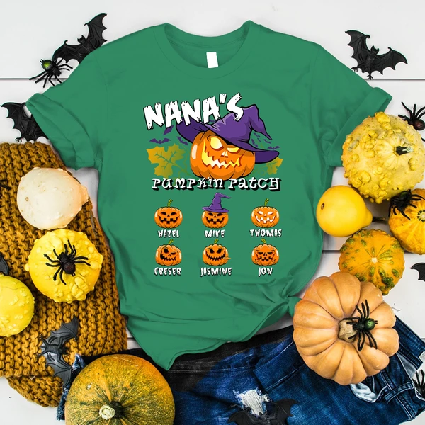 Personalized T-Shirt For Grandma Nana's Pumpkin Patch Scary Pumpkin Witch Hat Custom Grandkids Name Halloween Shirt