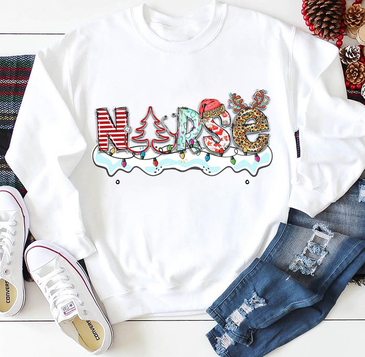 Classic Sweatshirt & Hoodie For Nurse Melting Snow With Xmas Tree Reindeer Horn Santa Hat Printed