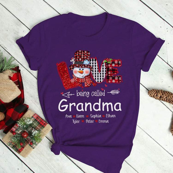 Personalized T-Shirt Love Being Called Grandma Cute Snowman Printed Red Buffalo Plaid Design Custom Grandkids Name