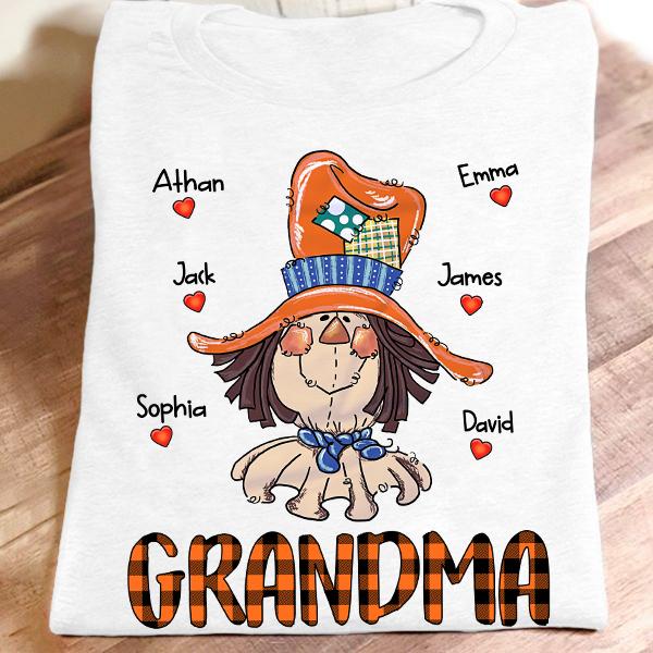 Personalized T-Shirt For Grandma Cute Octopus With Funny Hat Printed Plaid Design Custom Grandkids Name Halloween Shirt