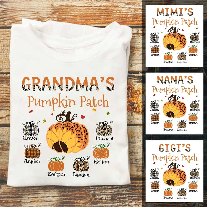 Personalized T-Shirt Grandma's Pumpkin Patch Sunflower Leopard Plaid Pumpkin Printed Custom Grandkids Name Fall Shirt