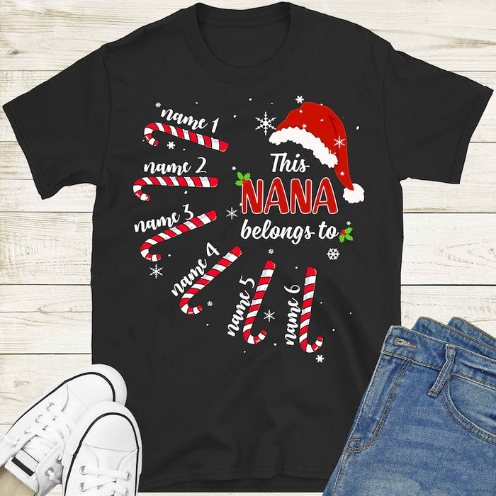 Personalized T-Shirt For Grandma This Nana Belongs To Santa Hat & Candy Cane Printed Custom Grandkids Name