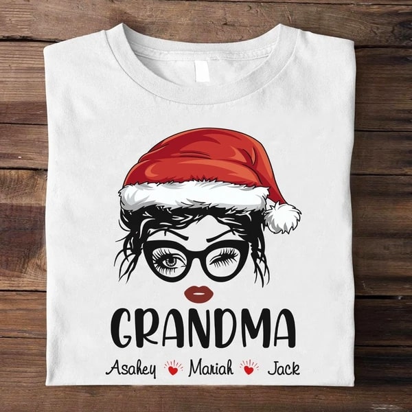 Personalized Santa Grandma T-shirt Custom Grandkids Name Tee Graphic Funny Xmas Nana Shirt Classic For Winter Holiday