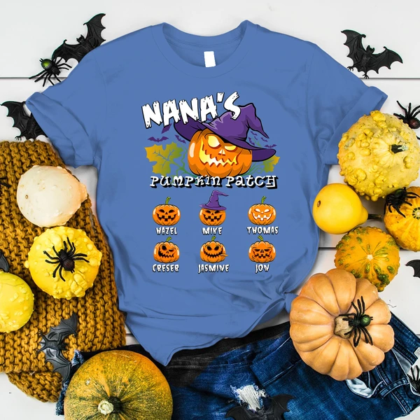 Personalized T-Shirt For Grandma Nana's Pumpkin Patch Scary Pumpkin Witch Hat Custom Grandkids Name Halloween Shirt