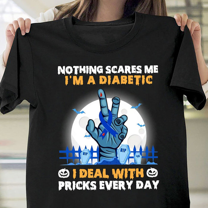 Funny Halloween Diabetes Awareness T-Shirt For Men Nothing Scares Me I'm A Diabetic Tee Blue Ribbon Support Shirts