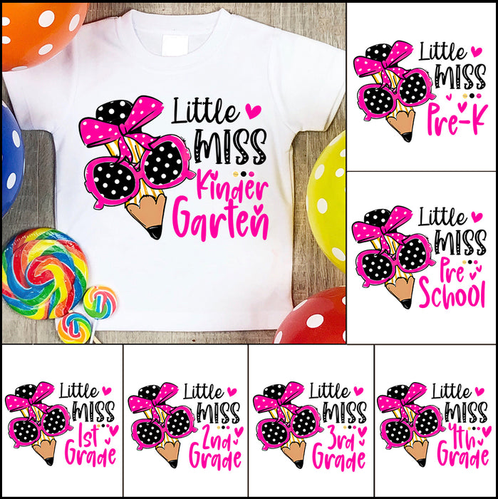 Personalized T-Shirt For Kids Little Miss Kindergarten Cute Pencil With Glasses & Bow Printed Custom Grade Level