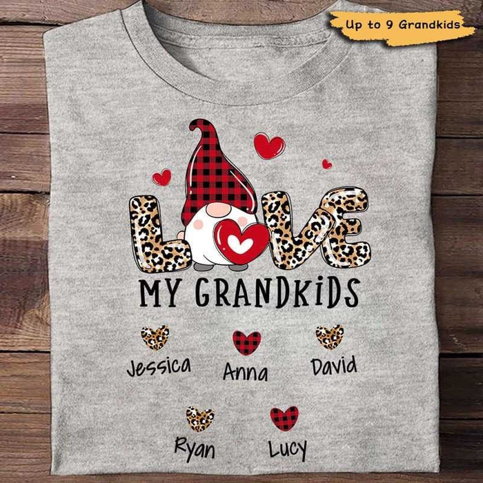 Personalized T-Shirt For Grandma Love My Grandkids Cute Gnome Printed Leopard Heart Design Custom Grandkids Name
