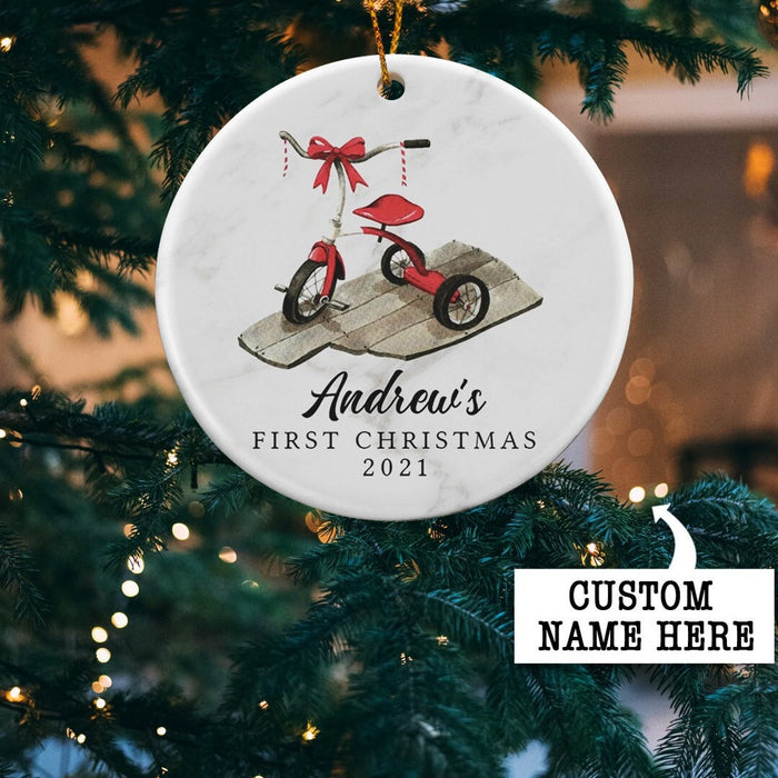 Personalized Ornament For Baby First Christmas Custom Name & Year Print Cute Toy Car Circle Ceramic Ornament