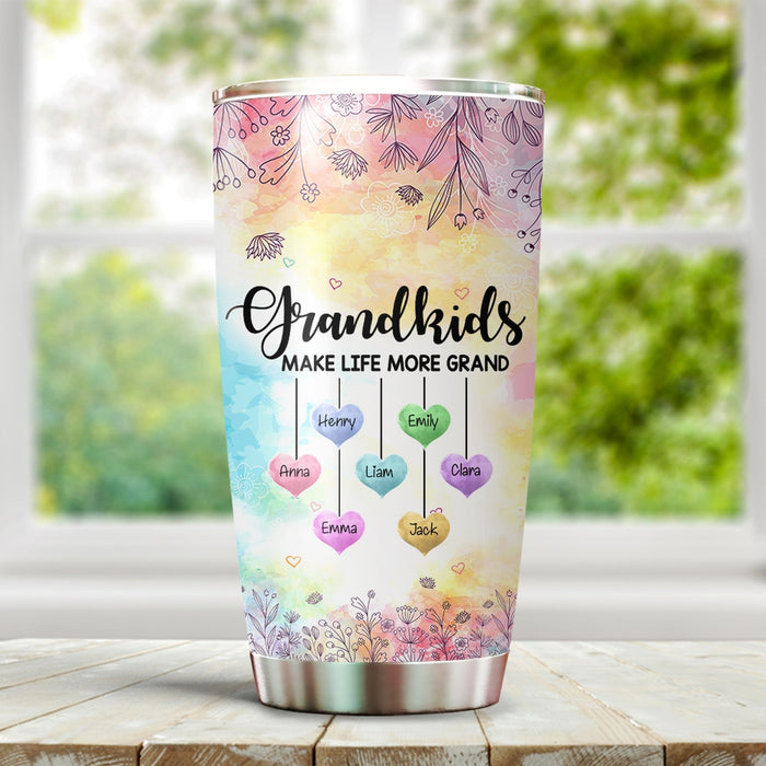 Personalized Tumbler Gifts For Grandma Make Life More Grand Colorful Heart Custom Grandkids Name Travel Cup For Birthday