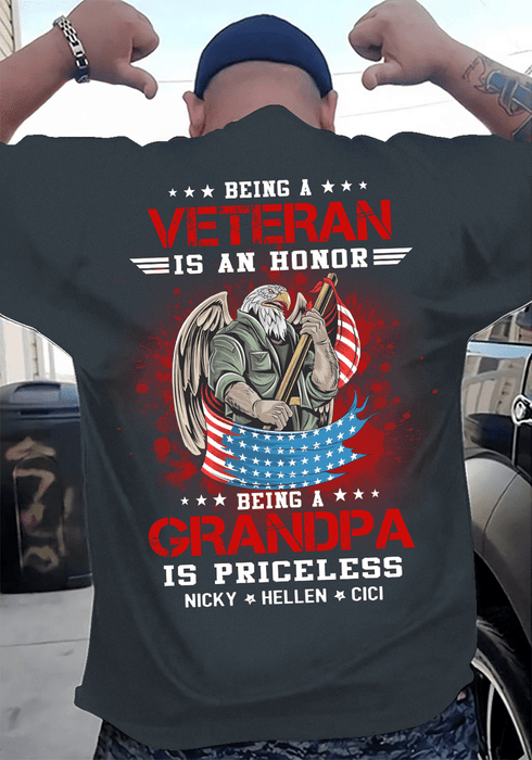 Personalized T-Shirt Being A Veteran Is An Honor Being A Grandpa Is Priceless Eagle Man US Flag Custom Grandkids Name