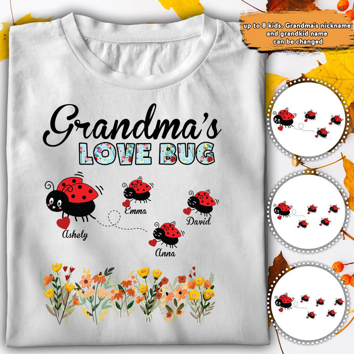 Personalized T-Shirt Grandma's Love Bug Flower And Cute Bugs Printed Custom Grandkids Name Floral Words Design